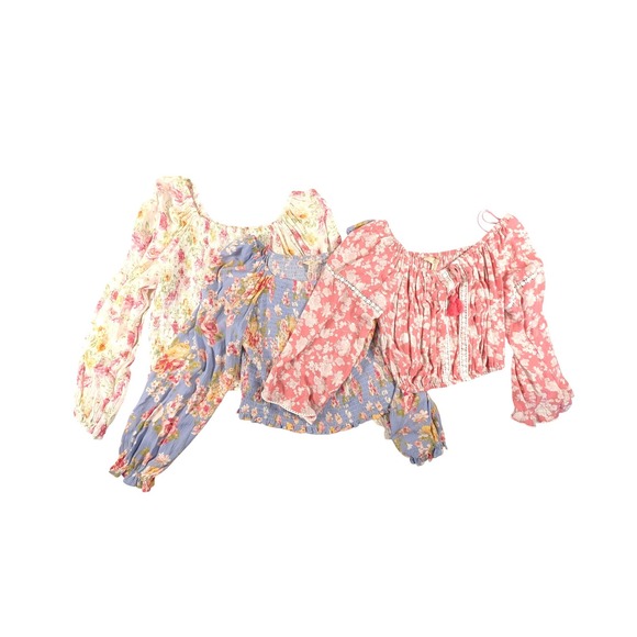 C & V Girls Other - C & V Girls Floral Smocked Peasant Tops Lot of 3 Pink Blue Cream Boho Size XL
